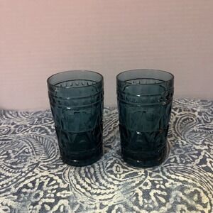 Tiara Kings Crown Thumprint Riviera Blue Indiana Glass 5oz Juice Glasses Qty 2